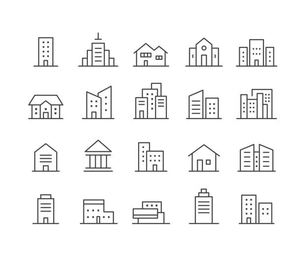 illustrazioni stock, clip art, cartoni animati e icone di tendenza di icone degli edifici - serie linea classica - skyline silhouette cityscape residential district