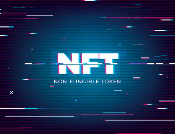 NFT non fungible token, crypto art vector illustration for banner. Abstract digital background of NFT cryptoart and gaming using blockchain technology, unique collectibles concept