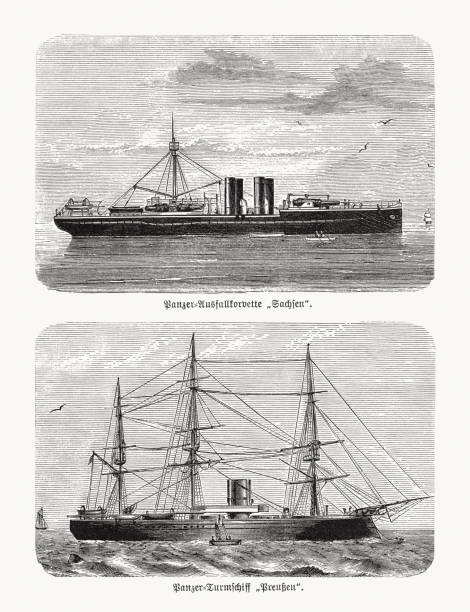 ilustrações, clipart, desenhos animados e ícones de fragatas blindadas alemãs sms sachsen e preussen, xilogravuras, publicadas em 1893 - etching sailing ship passenger ship sea