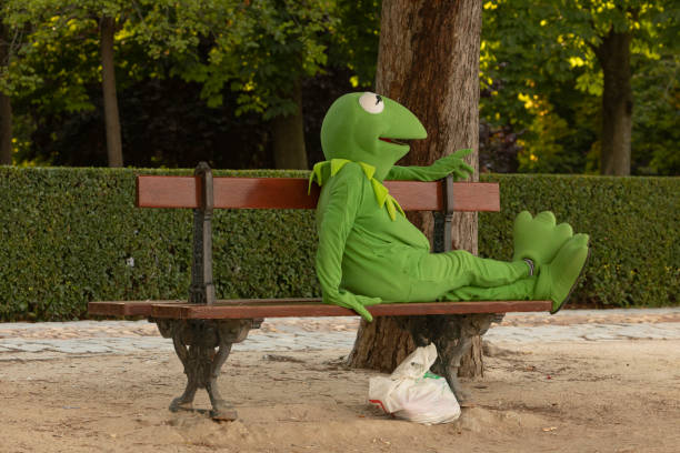 A person disguised as Kermit the frog, Retiro park, Madrid, Spain. Madrid, Spain - June 20, 2020: A man or woman, disguised as Kermit the frog, to earn a living, sits resting on a wooden bench in Retiro Park, Madrid. walking animation stock pictures, royalty-free photos & images