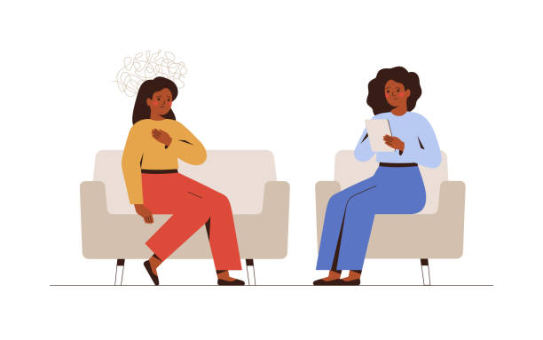 Sad woman talks during a mental therapy session with her psychotherapist or psychologist. Female psychologist has an individual meeting with her patient. Sad woman talks during a mental therapy session with her psychotherapist or psychologist. Female psychologist has an individual meeting with her patient. Vector illustration adolescence illustrations stock illustrations
