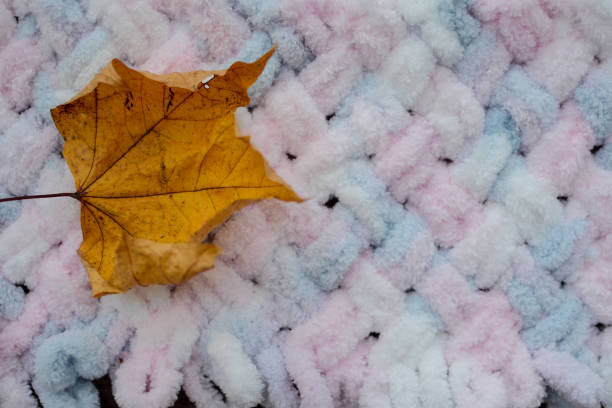 istock Light fluffy baby blanket on dark wooden background 1308913111