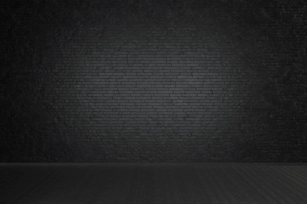 istock Empty studio dark room with black brick wall and wooden floor. 3d rendering 1308913679