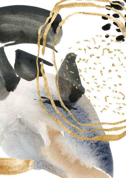 istock Watercolor abstract poster with blue, black, beige and gold spots. Hand painted pastel illustration isolated on white background. For design, print, fabric or background. 1308914367