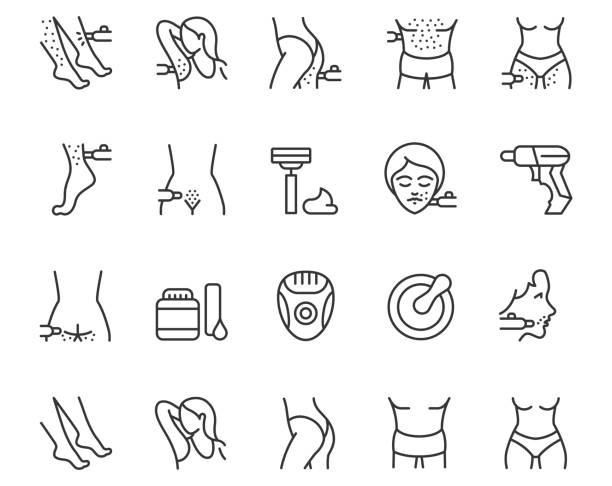 ilustraciones, imágenes clip art, dibujos animados e iconos de stock de conjunto de iconos de depilación - laser waxing human skin beauty