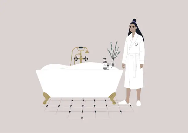 Vector illustration of A young female Asian character wearing a hotel bathrobe, a cozy bathroom interior with a claw foot vintage tub