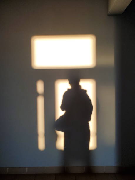 Blur human silhouette in shadow on brown wall in golden sunlight