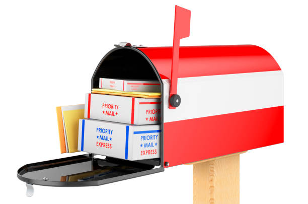 istock Mailbox with Austrian flag with parcels, envelopes inside. Shipping in Austria, concept. 3D rendering isolated on white background 1308919659