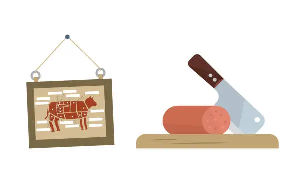 Vector illustration of Butcher Shop or Meat Market with Wurst on Cutting Board and Board with Beef Vector Set