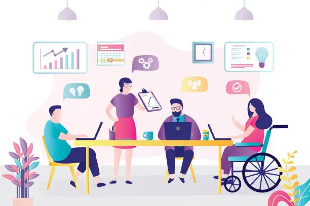 Vector illustration of People discuss new ideas and statistics. Disabled woman works in office. Colleagues discussing business issues