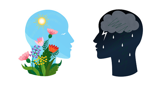 Psychotherapy or psychology support concept. Two heads with different states of consciousness mind - depression with thundercloud and rain and positive mental health with sun and flowers. Vector