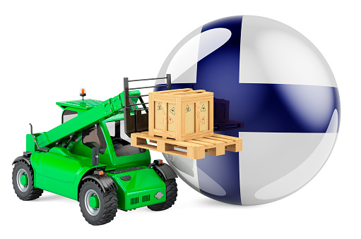 Finnish flag with telescopic handler truck and parcel. Cargo shipping in Finland concept, 3D rendering isolated on white background