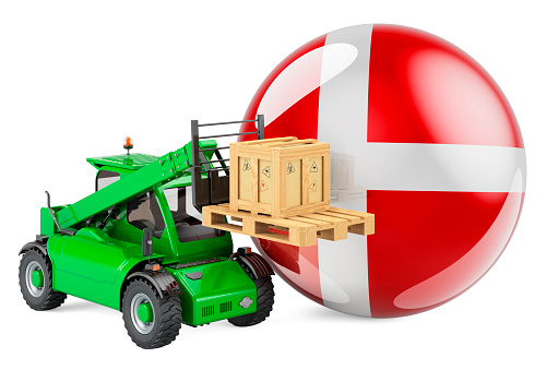 Danish flag with telescopic handler truck and parcel. Cargo shipping in Denmark concept, 3D rendering isolated on white background