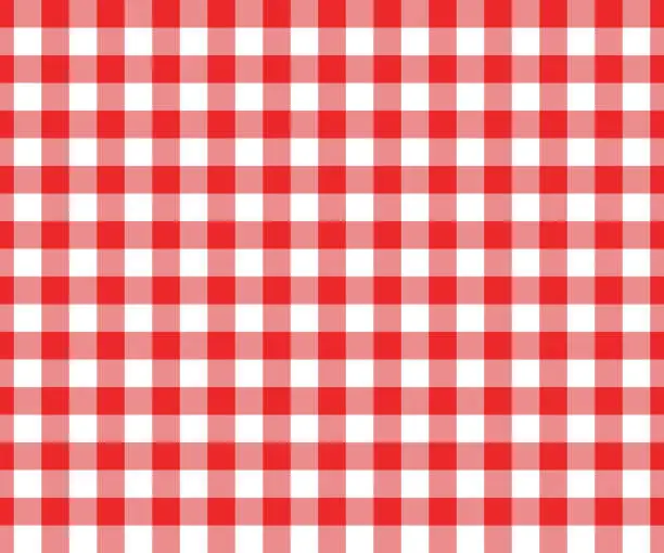 Vector illustration of Red and white gingham seamless pattern. Checkered texture for picnic blanket, tablecloth, plaid, clothes. Italian style overlay, fabric geometric background, retro textile design. Vector illustration