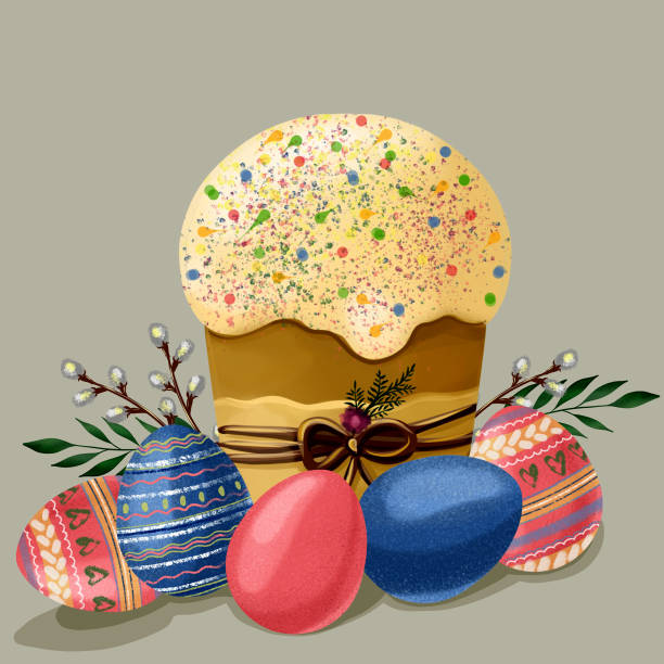 ilustrações de stock, clip art, desenhos animados e ícones de delicious easter set: colored eggs, easter, willow twigs. - easter traditional culture backgrounds basket