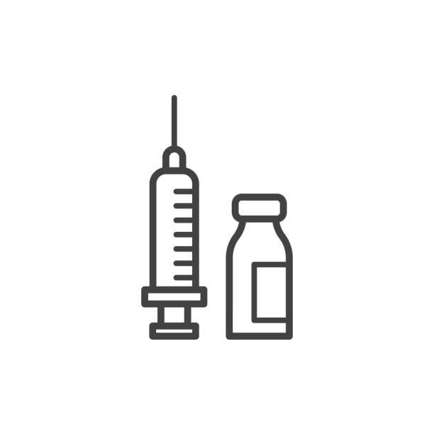 射出アウトライン アイコン。医学およびヘルスケア、医学サポートサイン。ベクターの図。 - syringe vaccination vial insulin点のイラスト素材／クリップアート素材／マンガ素材／アイコン素材