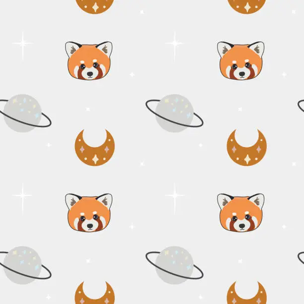Vector illustration of Seamless vector pattern with red panda, moon and planet. Trendy baby texture for fabric, wallpaper, apparel, wrapping. Boho background.