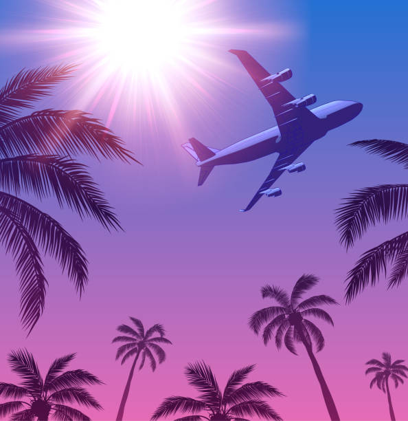 istock Passenger Airplane Over Palm Trees and Sun in the Sky 1308927764