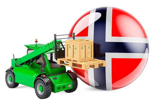 Norwegian flag with telescopic handler truck and parcel. Cargo shipping in Norway concept, 3D rendering isolated on white background