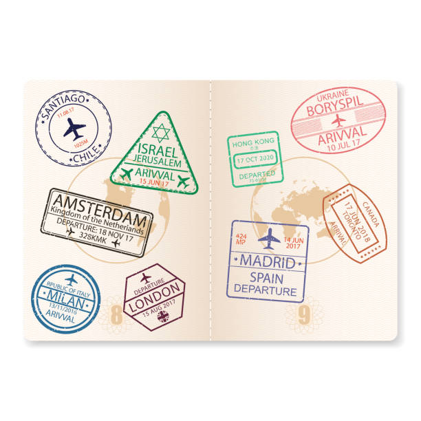 illustrations, cliparts, dessins animés et icônes de pages passeport avec timbres visa. document avec le signe d’aéroport pour voler dans l’avion, voyagez. illustration vectorielle. - passeport