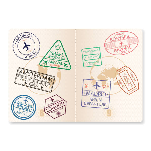 illustrazioni stock, clip art, cartoni animati e icone di tendenza di pagine del passaporto con timbri per il visto. documento con cartello aeroportuale per volare in aereo, viaggiare. illustrazione vettoriale. - milano illustrazioni