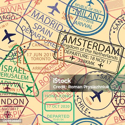 istock Visa stamps seamless pattern. Background with airport stamp for passport. Immigration and travel visa sign backdrop. Vector illustration. 1308928880
