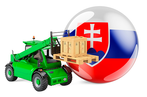 Slovak flag with telescopic handler truck and parcel. Cargo shipping in Slovakia concept, 3D rendering isolated on white background