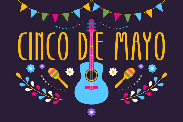 illustrazioni stock, clip art, cartoni animati e icone di tendenza di design festivo cinco de mayo per le vacanze messicane. striscione colorato del 5 maggio in messico con chitarra, fiori, maraca e bandiere. vettore - mexican culture cinco de mayo backgrounds sombrero