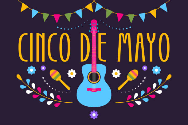 синко де майо праздничный дизайн для мексиканского праздника. красочный баннер 5 мая в мексике с гитарой, цветами, марака и флагами. вектор - mexican culture cinco de mayo backgrounds sombrero stock illustrations