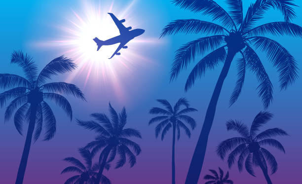 istock Passenger Airplane Over Palm Trees and Sun in the Sky 1308929618