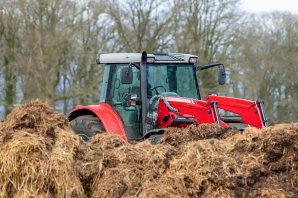 Red tractor with front loader in front of a manure heap on a field in the Achterhoek in the Netherlands