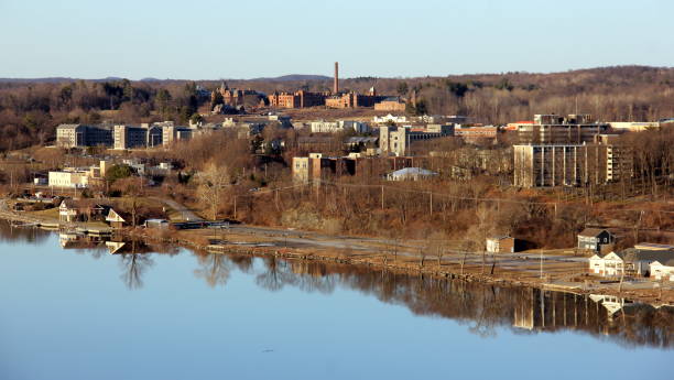 Northern waterfront part of the town, view from the High Bridge Walkway toward Marist College campus, Poughkeepsie, NY, USA stock photo