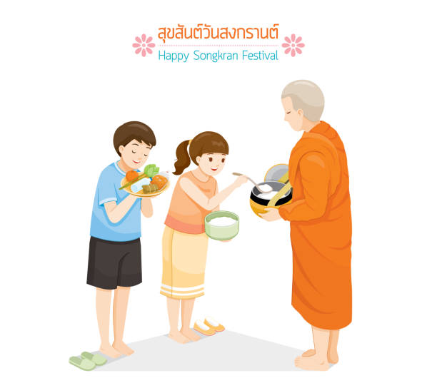 chłopiec i dziewczyna oferuje jedzenie w jałmużny bowl do monk, songkran festival, tradycja tajski nowy rok, suk san wan songkran (translate-happy songkran festival) - alms stock illustrations
