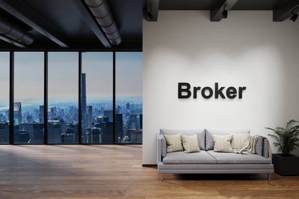 istock modern luxury loft with skyline view, wall with broker lettering, 3D Illustration 1308932977