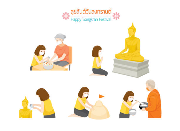 сонгкран день мероприятия установить, традиция тайский новый год, сук сан ван сонгкран (перевод-счастливый фестиваль сонгкран) - religious leaders stock illustrations