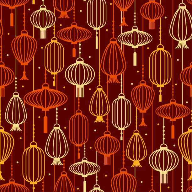 Paper lanterns outline silhouette in warm colors pattern. Paper lanterns outline silhouette in warm colors pattern. Vector seamless pattern design for textile, fashion, paper and wrapping. vietnam stock illustrations