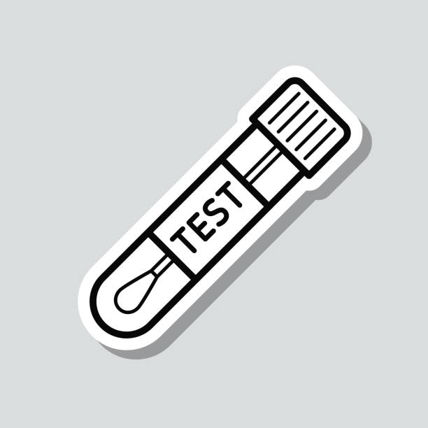 Cotton swab test tube. Icon sticker on gray background Icon of "Cotton swab test tube" on a sticker with a drop shadow isolated on a blank background. Trendy illustration in a flat design style. Vector Illustration (EPS10, well layered and grouped). Easy to edit, manipulate, resize or colorize. Vector and Jpeg file of different sizes. scientific experiment stock illustrations