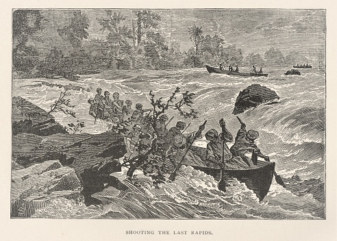 Boats shooting the rapids in the Isangila River in the Congo in late 1800s. Illustration published 1891. Source: Original edition is from my own archives. Copyright has expired and is in Public Domain.