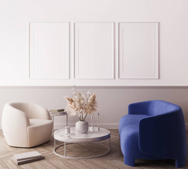 istock Modern living room design, blue minimal sofa with trendy home accessories, white Frame mock up 1308937021