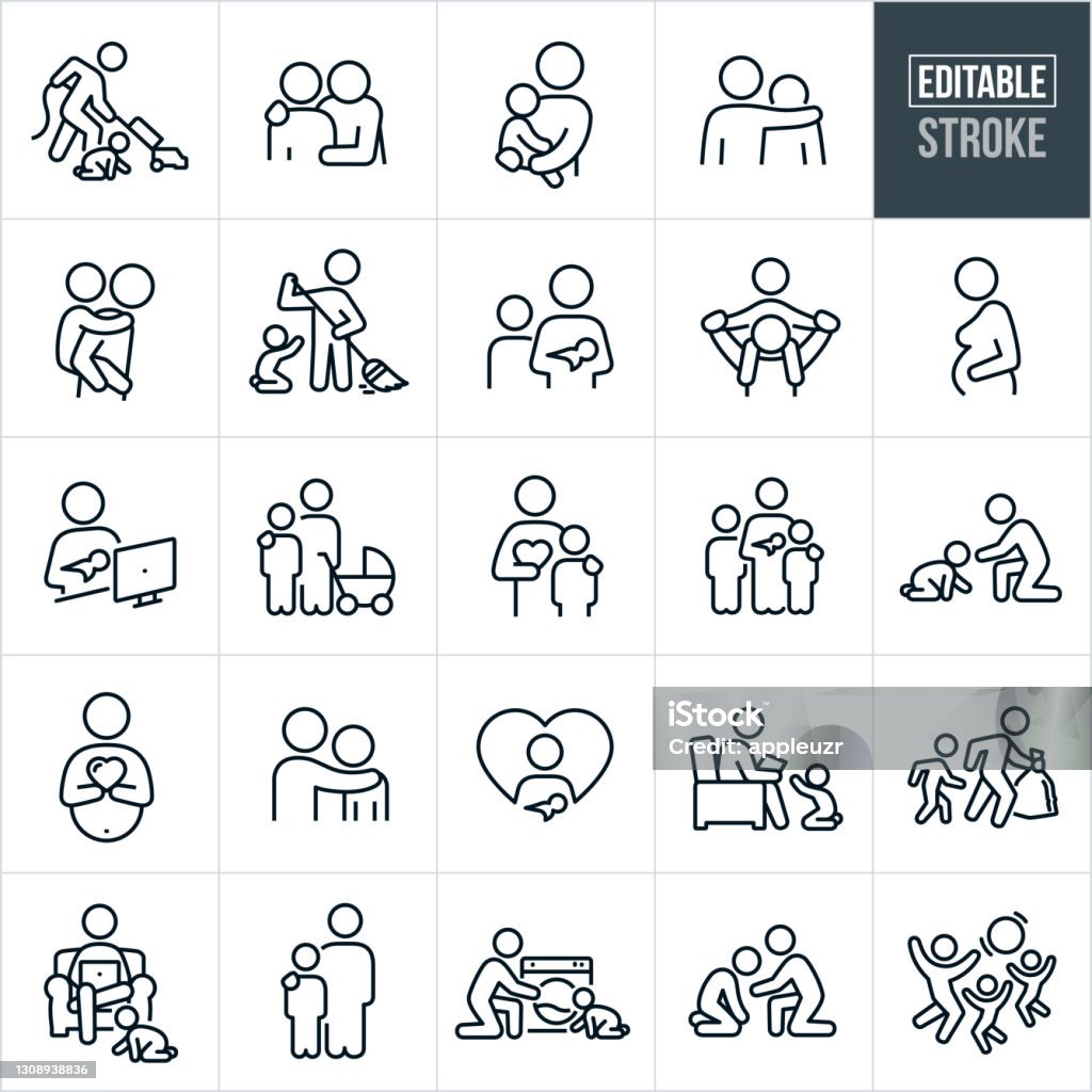 Single Parent Thin Line Icons - Editable Stroke A set several different single parents icons that include editable strokes or outlines using the EPS vector file. The icons include a single mother vacuuming while baby crawls on floor, a single parent with arm around shoulder of child, mother holding her baby child, single father giving child a piggy back ride, single parent sweeping floor while child reaches to be picked up, mother holding a newborn with another child at her side, father giving child a piggy back ride on his shoulders, pregnant woman holding her belly, expecting mother holding a heart, single mom working from home while holding newborn baby, mother with child, single parent with three kids, baby crawling to open arms of single paren, single father working from couch with child reaching to be picked up, father and child taking out the trash, single parent doing house chores with son, single parent doing laundry with child by her side, single mother consoling depressed son and a single parent and his two kids playing with a ball together. Icon stock vector