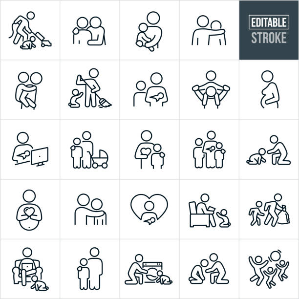 Single Parent Thin Line Icons - Editable Stroke A set several different single parents icons that include editable strokes or outlines using the EPS vector file. The icons include a single mother vacuuming while baby crawls on floor, a single parent with arm around shoulder of child, mother holding her baby child, single father giving child a piggy back ride, single parent sweeping floor while child reaches to be picked up, mother holding a newborn with another child at her side, father giving child a piggy back ride on his shoulders, pregnant woman holding her belly, expecting mother holding a heart, single mom working from home while holding newborn baby, mother with child, single parent with three kids, baby crawling to open arms of single paren, single father working from couch with child reaching to be picked up, father and child taking out the trash, single parent doing house chores with son, single parent doing laundry with child by her side, single mother consoling depressed son and a single parent and his two kids playing with a ball together. family stock illustrations