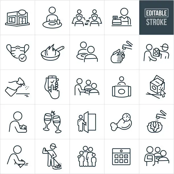 Vector illustration of Restaurant And Disinfecting Thin Line Icons - Editable Stroke