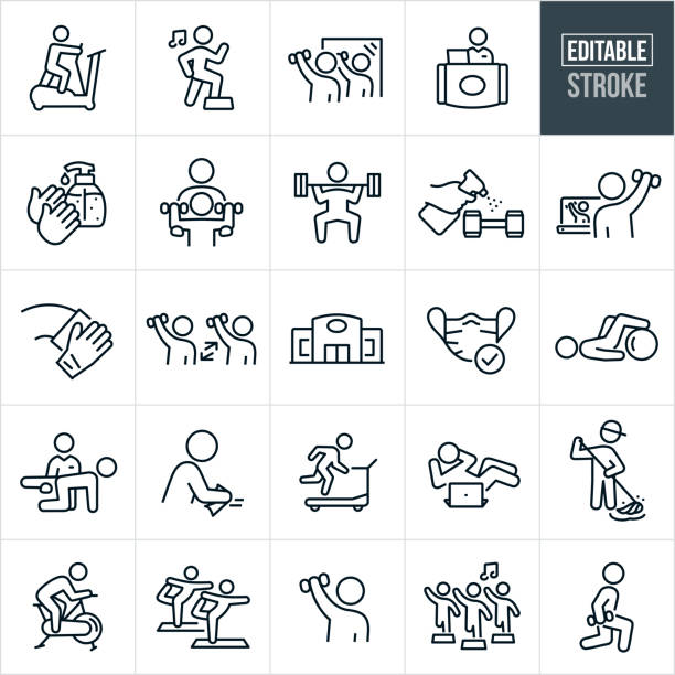 Fitness Facility And Disinfecting Thin Line Icons - Ediatable Stroke A set of fitness facility and disinfecting icons that include editable strokes or outlines using the EPS vector file. The icons include a person using an elliptical machine, fitness center, customer doing aerobics to music, people doing aerobics in an aerobics class, person lifting weights in mirror, front desk receptionist, hands sanitizing, personal trainer working with client to lift weights, person deadlifting weights, spray bottle sanitizing weights, person taking part in a virtual exercise class on the computer, hand cleaning, two people lifting weights while social distancing, face mask, person cleaning surfaces of gym, customer running on treadmill, janitor mopping gym floor, person using exercise bike, a class doing yoga, person lifting weights, a person doing lunges and other related icons. exercise stock illustrations