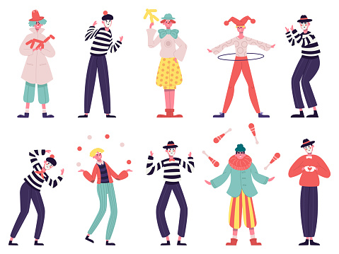 Mimes and clowns. Circus and street artists, comedy performing, juggling and magic tricks vector illustration set. Silent actors and funny clowns. Characters with happy and sad face expression