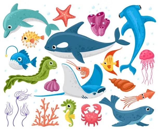 Vector illustration of Ocean animals. Cartoon marine wildlife creatures, orca, stingray, crab and dolphin. Cute sea animals characters vector illustration set