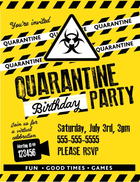 Vector illustration of Quarantine Birthday virtual event party invitation template design with yellow and black hazard theme