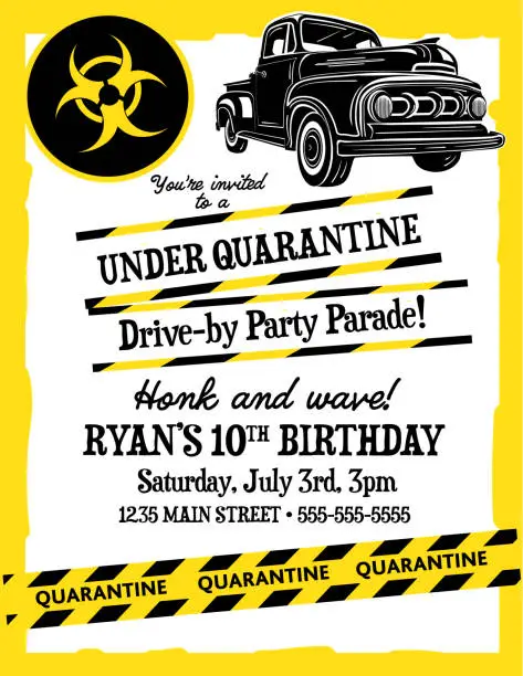 Vector illustration of Quarantine Birthday Drive by parade party invitation template design with yellow and black hazard theme