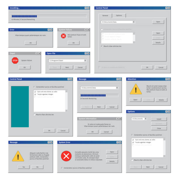 Vintage computer windows. Desktop interface retro user frames pop up boxes internet explorer blank windows garish vector templates set Vintage computer windows. Desktop interface retro user frames pop up boxes internet explorer blank windows garish vector templates set. Illustration old system frame, box interface message computer equipment box stock illustrations