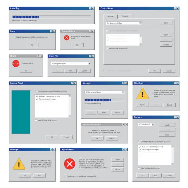 Vector illustration of Vintage computer windows. Desktop interface retro user frames pop up boxes internet explorer blank windows garish vector templates set