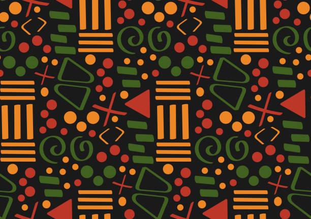illustrazioni stock, clip art, cartoni animati e icone di tendenza di modello tribale africano senza cuciture con linee e figure semplici in rosso, giallo e verde. sfondo nero tradizionale vettoriale, tessile, carta, tessuto. kwanzaa, mese della storia nera, juneteenth - juneteenth
